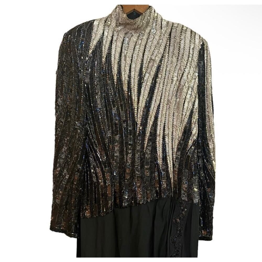 Bob Mackie Boutique Black & Silver Beaded Sequin Evening Gown Vintage Glam Dress - Picture 3 of 11